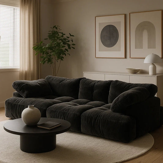 Sofá Modular de 4 Plazas en Terciopelo Negro Acolchado con Cojines