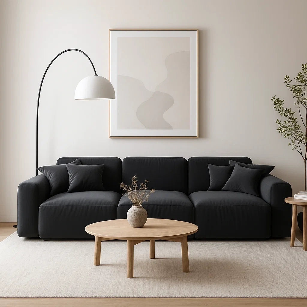 Sofá Modular de 3 Plazas en Tela Negra con Cojines Incluidos