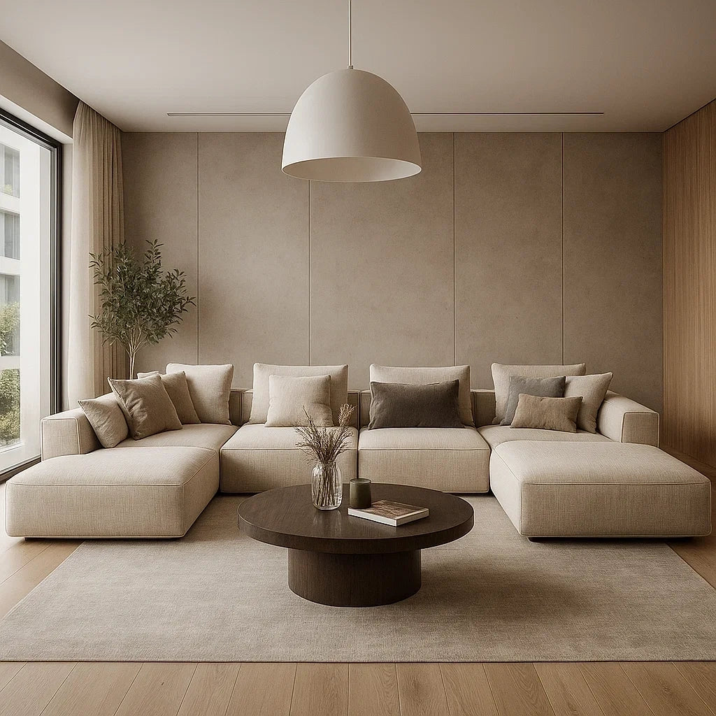 Sofá Modular en L de Tela Beige con Chaise Longue Grande y Cojines