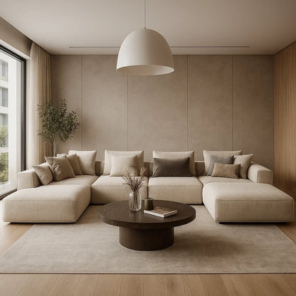 Sofá Modular en L de Tela Beige con Chaise Longue Grande y Cojines