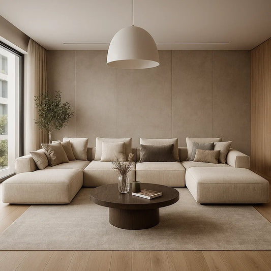 Sofá Modular en L de Tela Beige con Chaise Longue Grande y Cojines