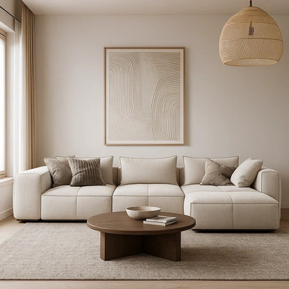Sofá Modular de Esquina en Tela Beige con Chaise Longue y Cojines