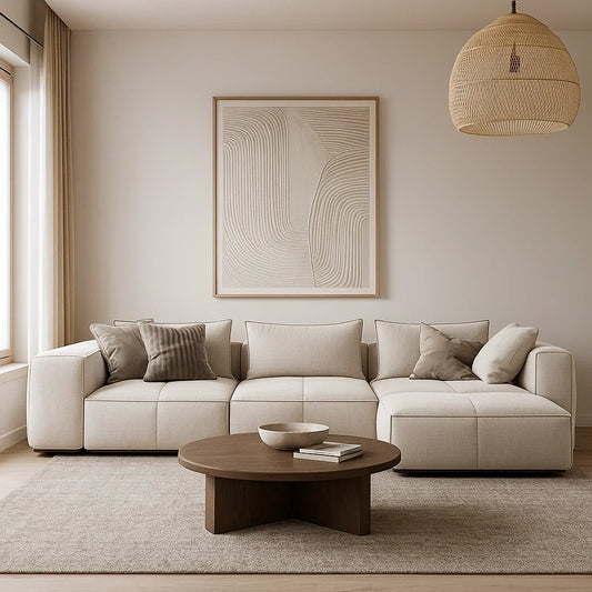 Sofá Modular de Esquina en Tela Beige con Chaise Longue y Cojines