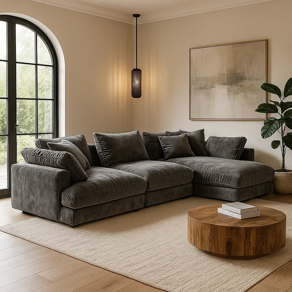 Sofá Modular Esquinero de Terciopelo Gris Oscuro con Chaise Longue