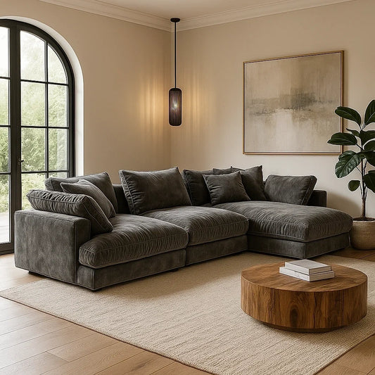 Sofá Modular Esquinero de Terciopelo Gris Oscuro con Chaise Longue