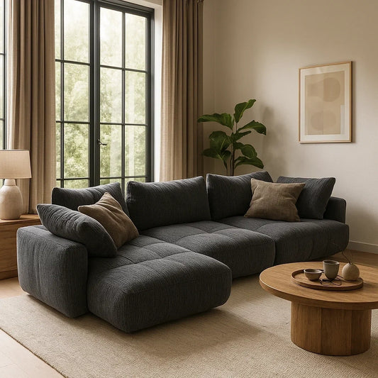 Sofá Modular Esquinero de Tela Acolchada Gris Oscuro con Chaise Longue