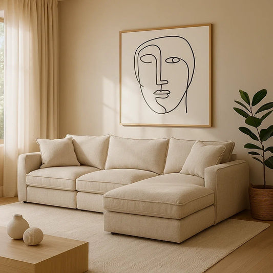 Sofá Modular en L con Chaise Longue Tapizado en Tela Beige