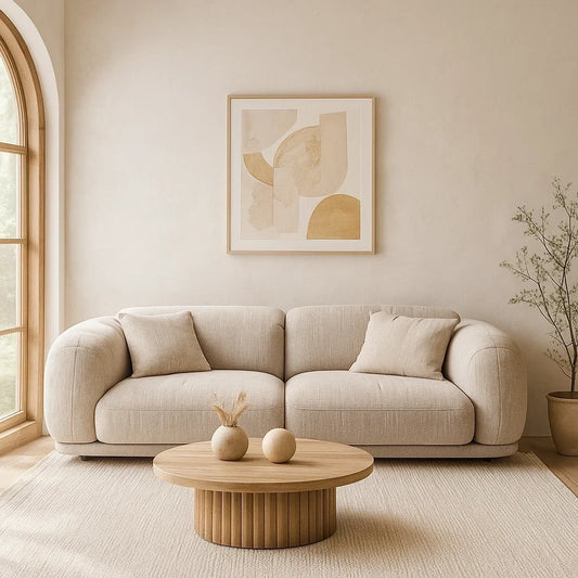 Sofá Modular de 2 Plazas con Brazos Redondeados y Cojines en Tela Beige