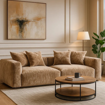 Sofá de Dos Plazas en Terciopelo Beige con Diseño Moderno y Cojines Acolchados