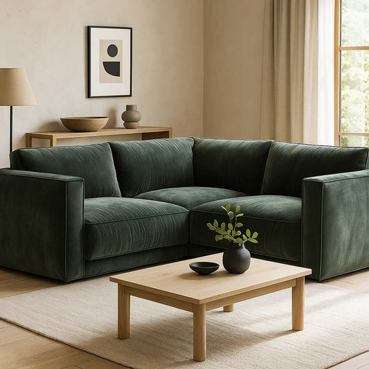 Sofá Esquinero en Terciopelo Verde Oscuro con Diseño Moderno y Asientos Acolchados