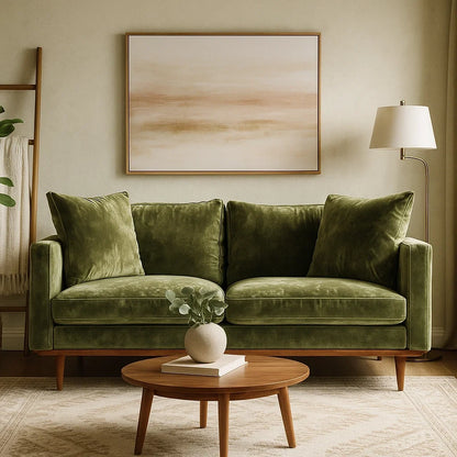 Sofá de Dos Plazas en Terciopelo Verde con Estilo Moderno y Patas de Madera
