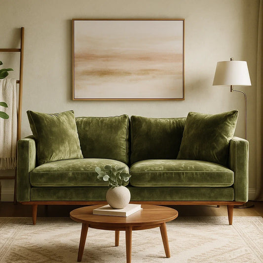 Sofá de Dos Plazas en Terciopelo Verde con Estilo Moderno y Patas de Madera