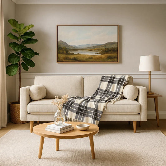 Sofá de Dos Plazas en Tela Beige con Cojines Cilíndricos y Manta Decorativa