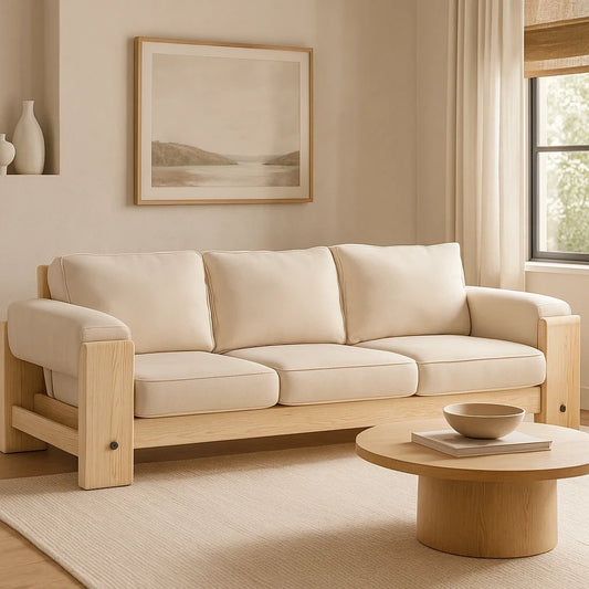Sofá de Tres Plazas en Piel Beige con Estructura de Madera Natural y Estilo Moderno