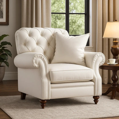 Sillón Clásico en Piel Blanca con Respaldo Capitonné y Cojín Acolchado