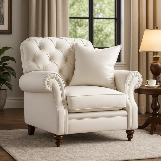 Sillón Clásico en Piel Blanca con Respaldo Capitonné y Cojín Acolchado