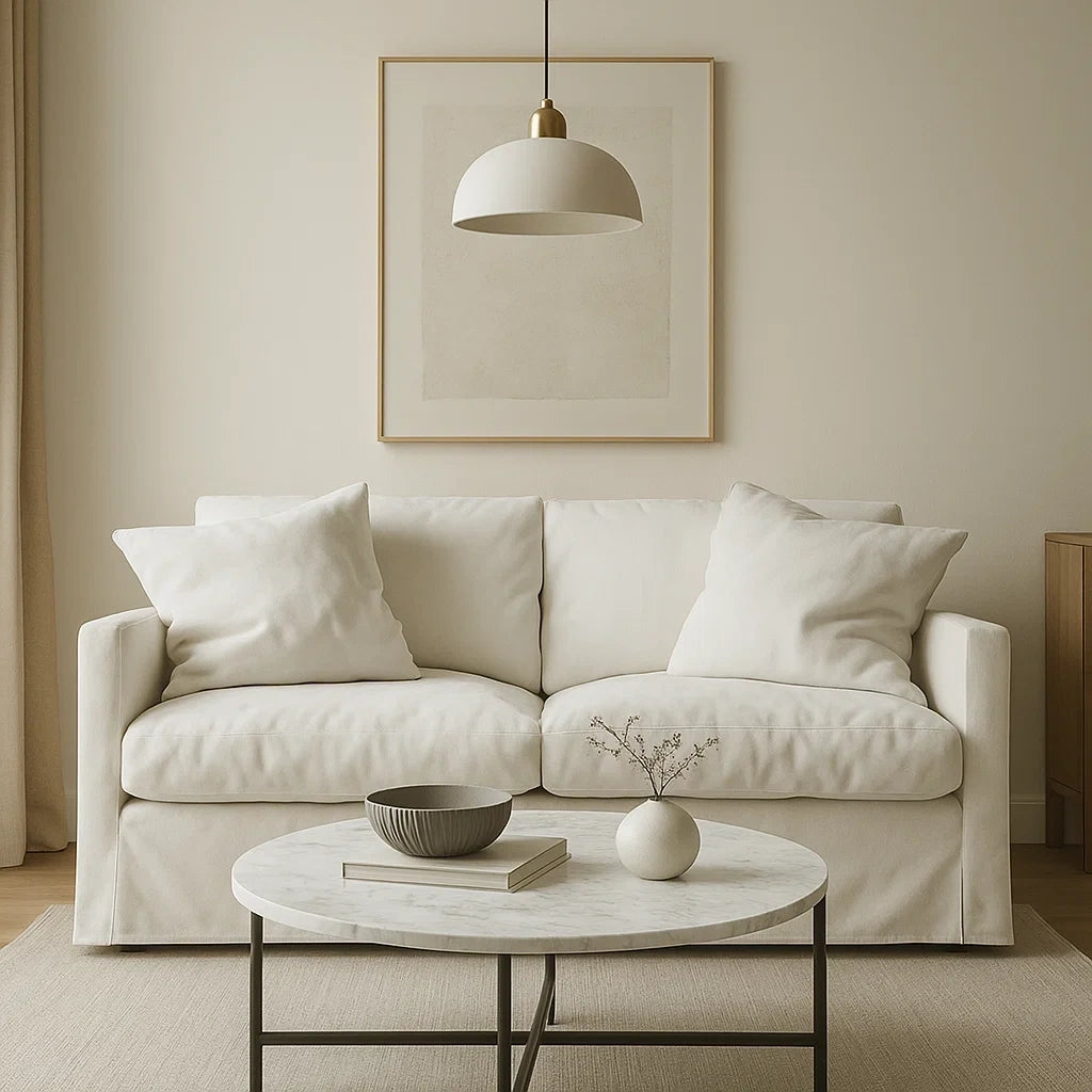 Sofá de Dos Plazas en Tela Blanca con Cojines Acolchados y Estilo Minimalista