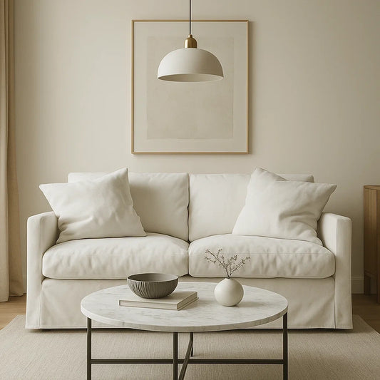 Sofá de Dos Plazas en Tela Blanca con Cojines Acolchados y Estilo Minimalista