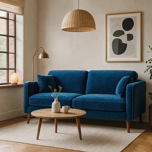 Sofá de Dos Plazas en Terciopelo Azul con Diseño Moderno y Patas de Madera