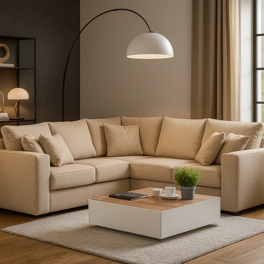 Sofá Rinconera de Tela Beige con Cojines Desenfundables y Diseño Contemporáneo