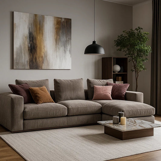 Sofá Modular en Forma de L con Chaise Longue y Mesa Lateral de Mármol