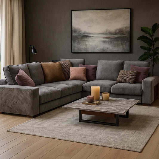 Sofá seccional moderno en L con reposabrazos de mármol y mesa lateral integrada
