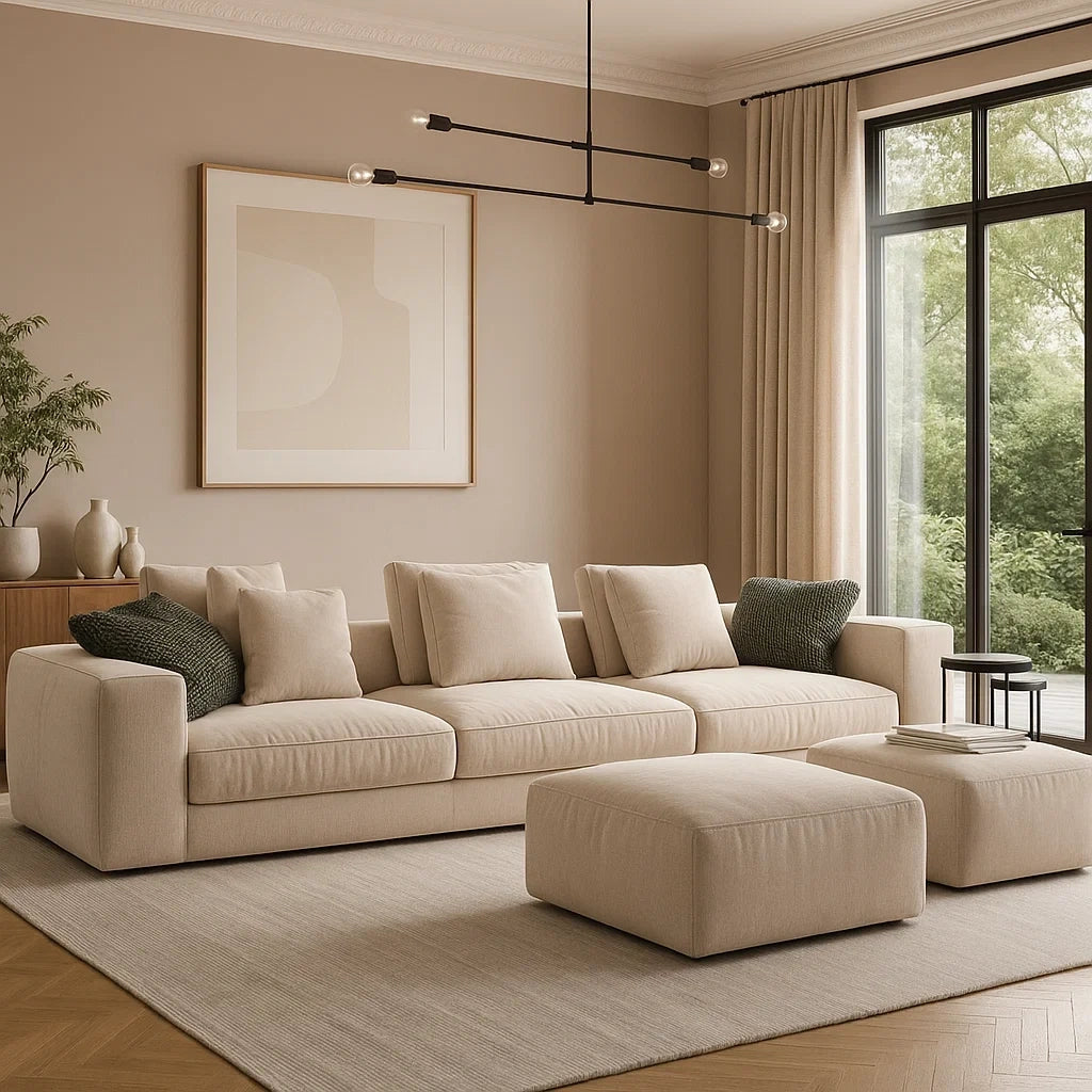 Sofá modular moderno de 3 plazas con reposabrazos y dos puff tapizados en color beige