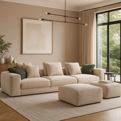 Sofá modular moderno de 3 plazas con reposabrazos y dos puff tapizados en color beige