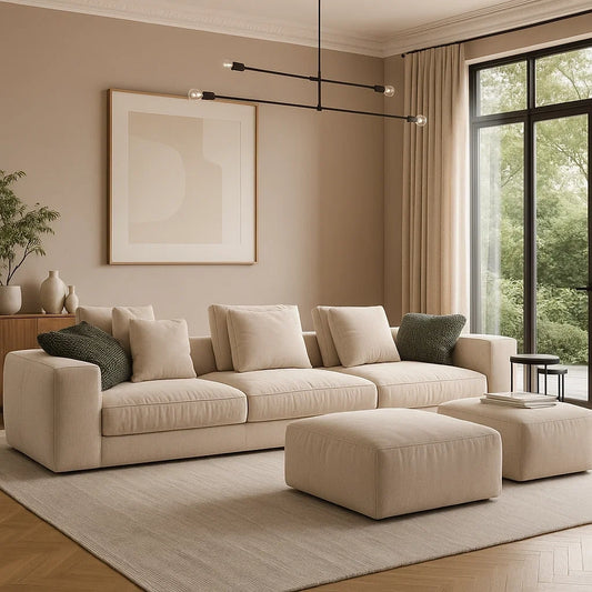 Sofá modular moderno de 3 plazas con reposabrazos y dos puff tapizados en color beige