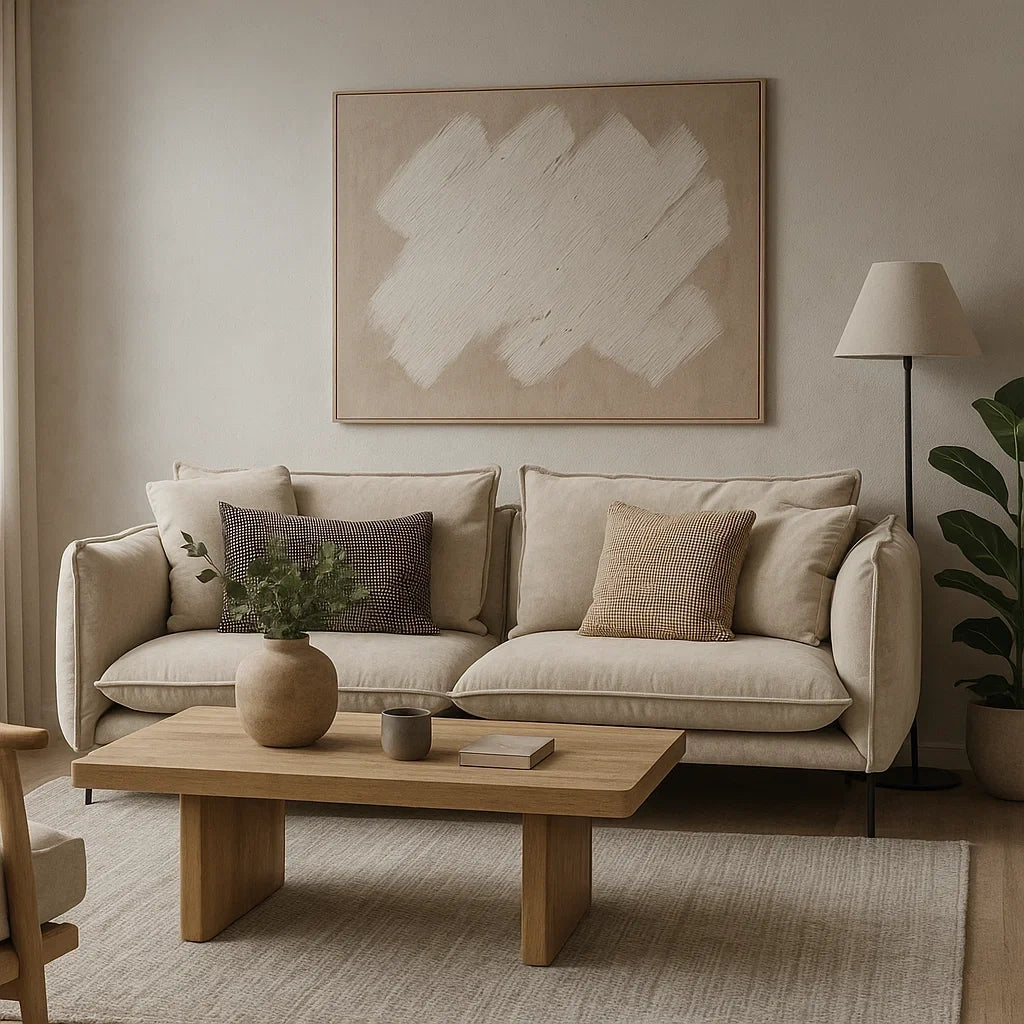 Sofá moderno de 2 plazas en tela beige con cojines decorativos y patas metálicas