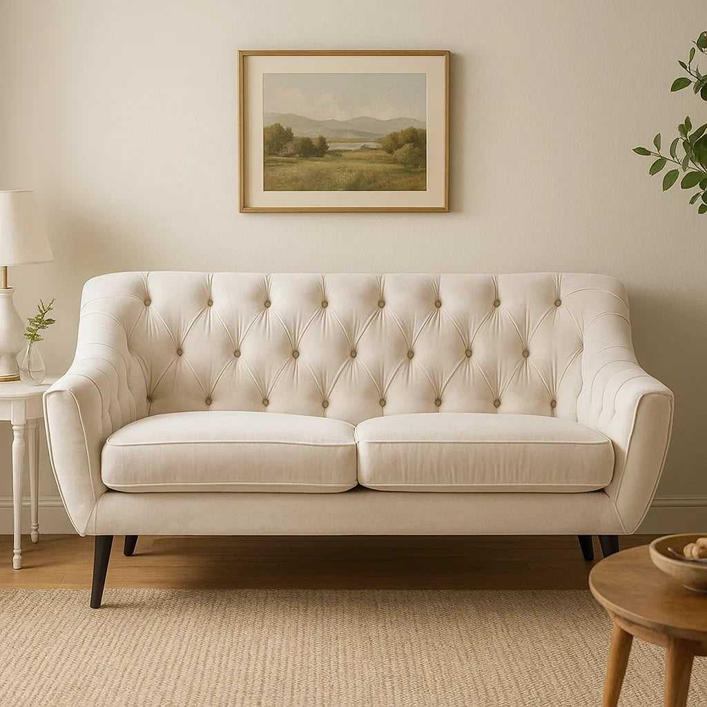 Sofá de 2 Plazas en Terciopelo Beige con Diseño Capitonné Moderno
