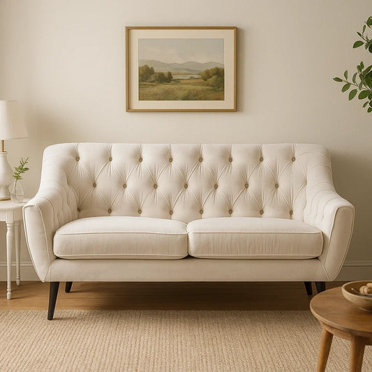 Sofá de 2 Plazas en Terciopelo Beige con Diseño Capitonné Moderno