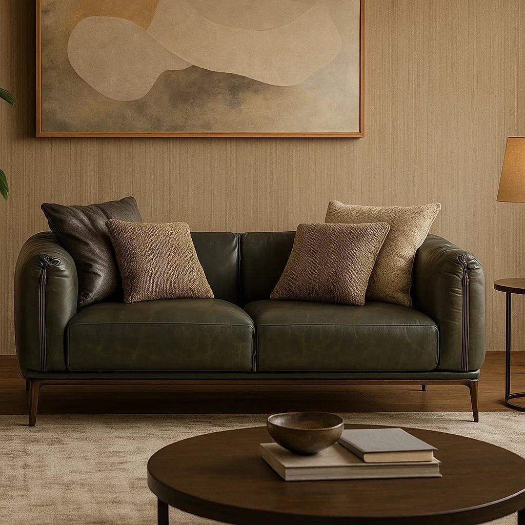Sofá de 2 Plazas en Cuero Verde Oscuro con Cojines Decorativos