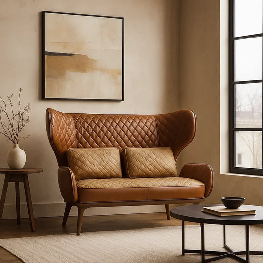 Sofá Wingback de 2 Plazas en Cuero Marrón con Respaldo Alto Acolchado