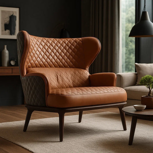 Sofá Wingback de 2 Plazas en Cuero Bicolor con Respaldo Alto Acolchado
