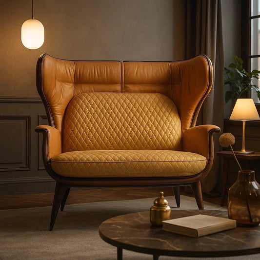 Sofá Wingback de 2 Plazas en Cuero Beige y Marrón con Respaldo Alto