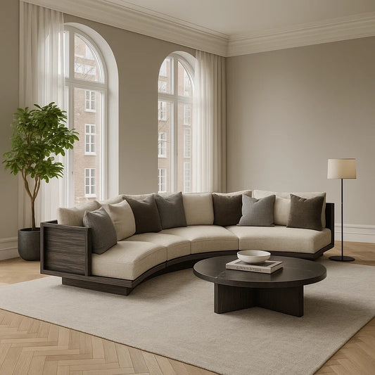 Sofá Esquinero Curvo Moderno de Tela Beige con Cojines Decorativos