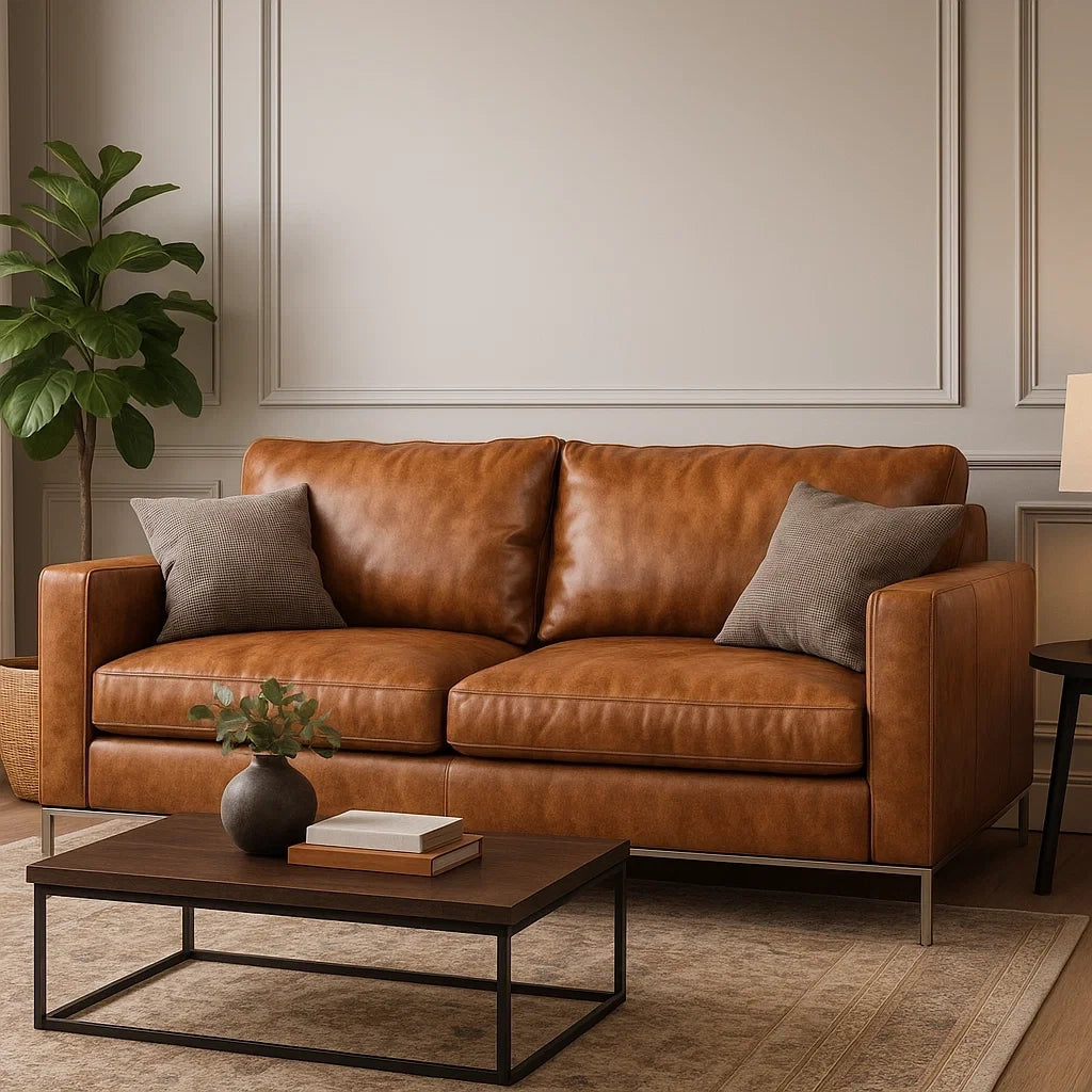 Sofá de 2 Plazas Moderno de Piel Marrón con Cojines Decorativos