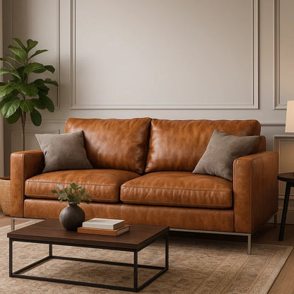 Sofá de 2 Plazas Moderno de Piel Marrón con Cojines Decorativos