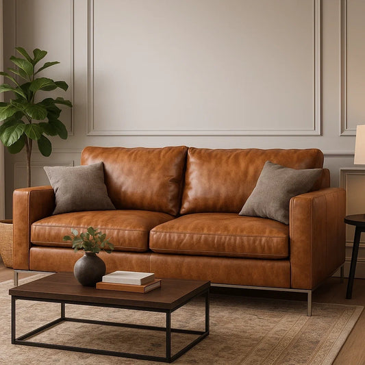 Sofá de 2 Plazas Moderno de Piel Marrón con Cojines Decorativos