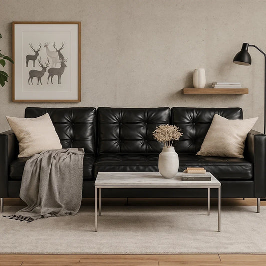 Sofá Moderno de 3 Plazas en Cuero Negro con Diseño Acolchado