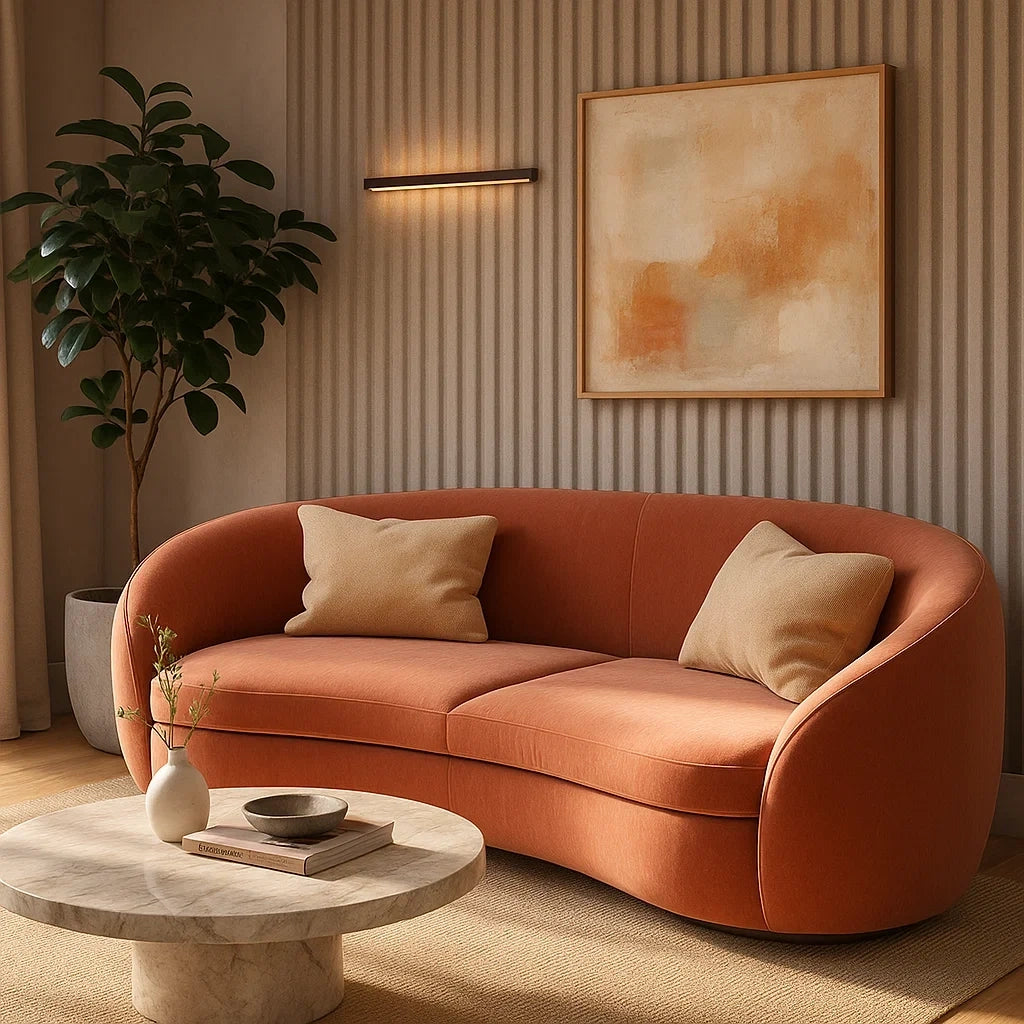 Sofá Curvo de 3 Plazas en Tela Rosa con Cojines Decorativos