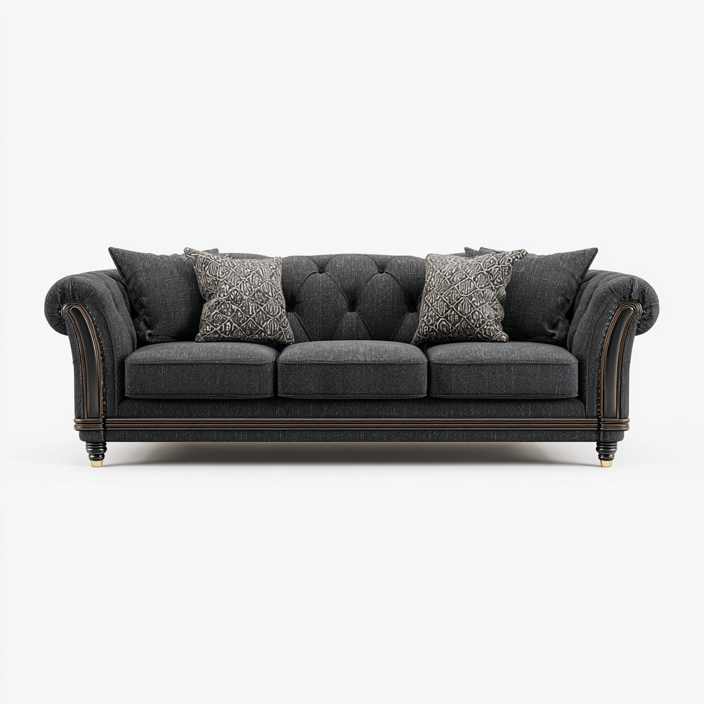 Sofá Clásico de 3 Plazas en Tela Gris Oscuro con Cojines Decorativos