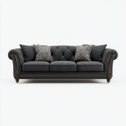Sofá Clásico de 3 Plazas en Tela Gris Oscuro con Cojines Decorativos