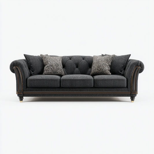 Sofá Clásico de 3 Plazas en Tela Gris Oscuro con Cojines Decorativos