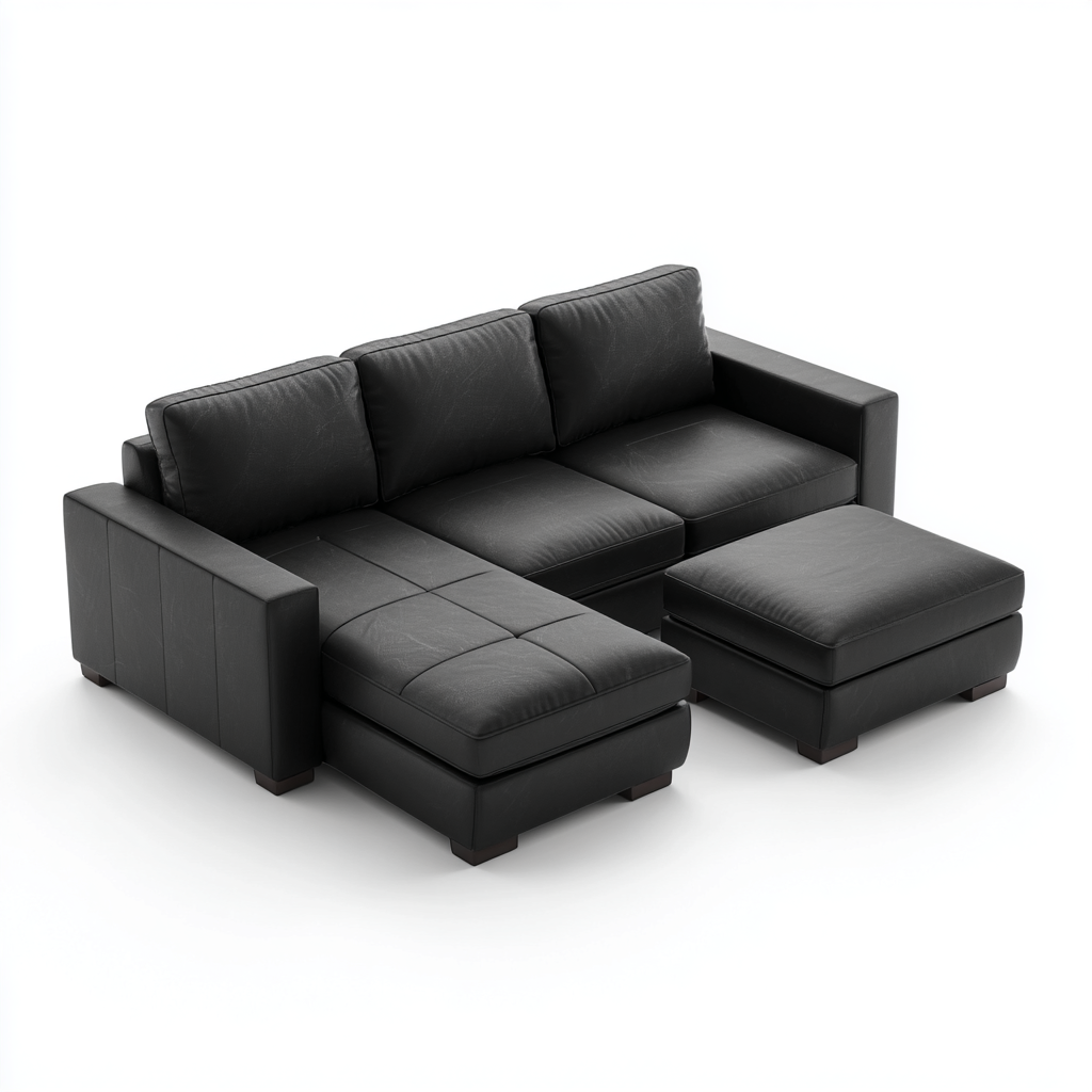 Sofá Chaise Longue de 3 Plazas en Cuero Negro con Reposapiés