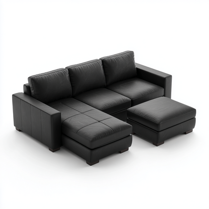 Sofá Chaise Longue de 3 Plazas en Cuero Negro con Reposapiés