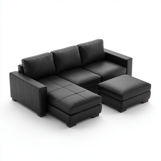 Sofá Chaise Longue de 3 Plazas en Cuero Negro con Reposapiés