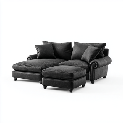 Sofá Chaise Longue de 3 Plazas en Cuero Negro con Reposapiés