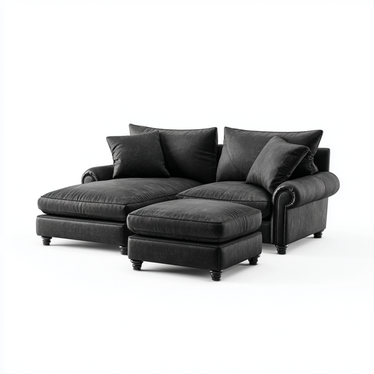 Sofá Chaise Longue de 3 Plazas en Cuero Negro con Reposapiés